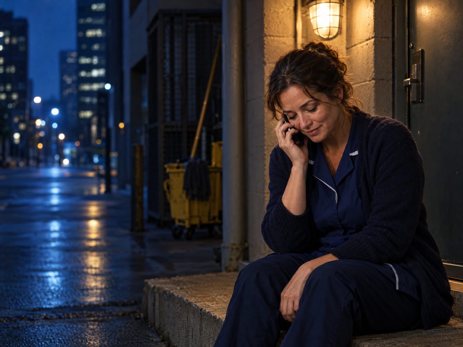 A night-shift cleaner sitting on the step of a service entrance under a caged lamp, phone to her ear, eyes lowered, a small smile of relief