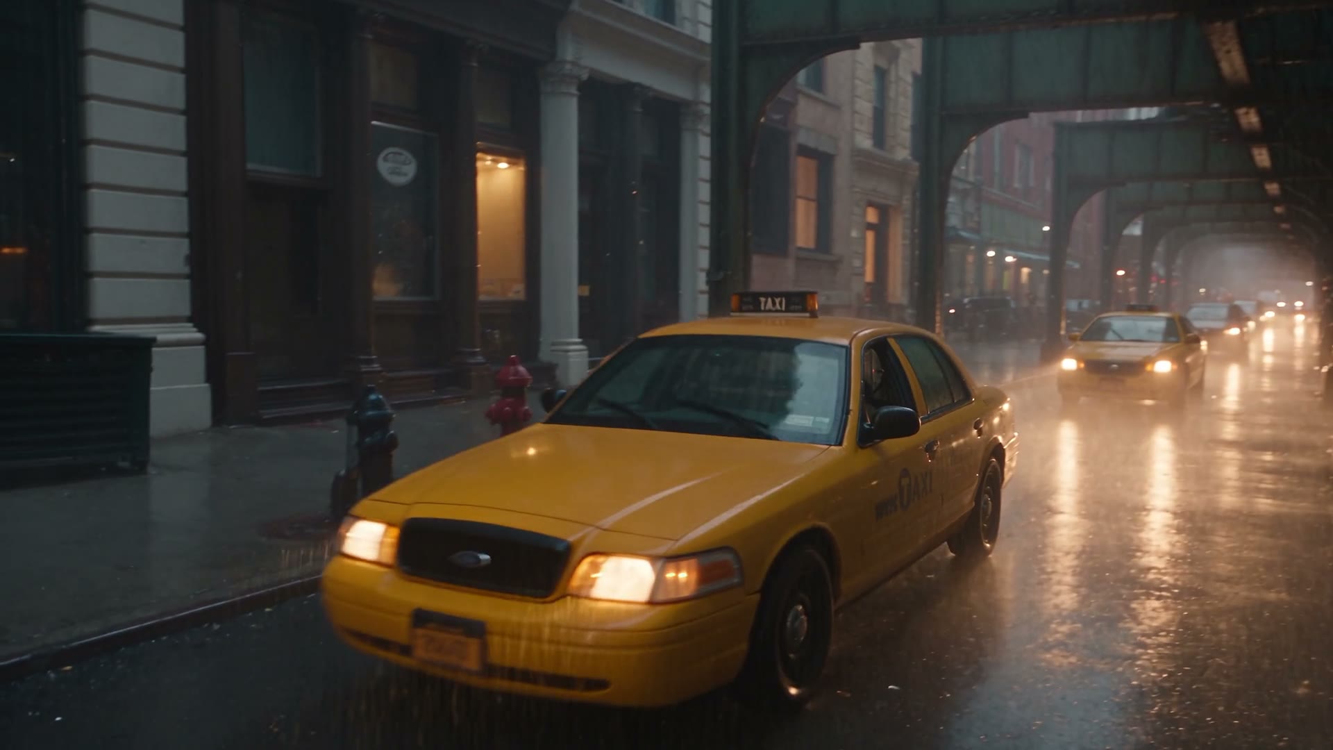 A yellow taxi on a rainy street under an elevated railway