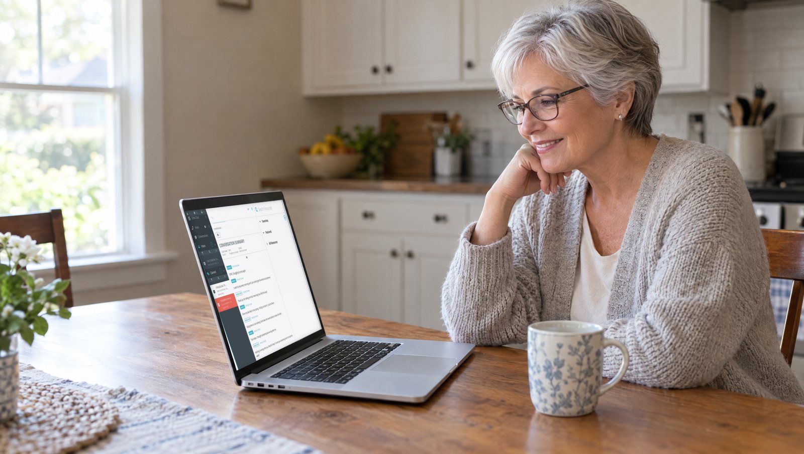 A woman in her sixties at her kitchen table, smiling at the Echo inbox on her laptop