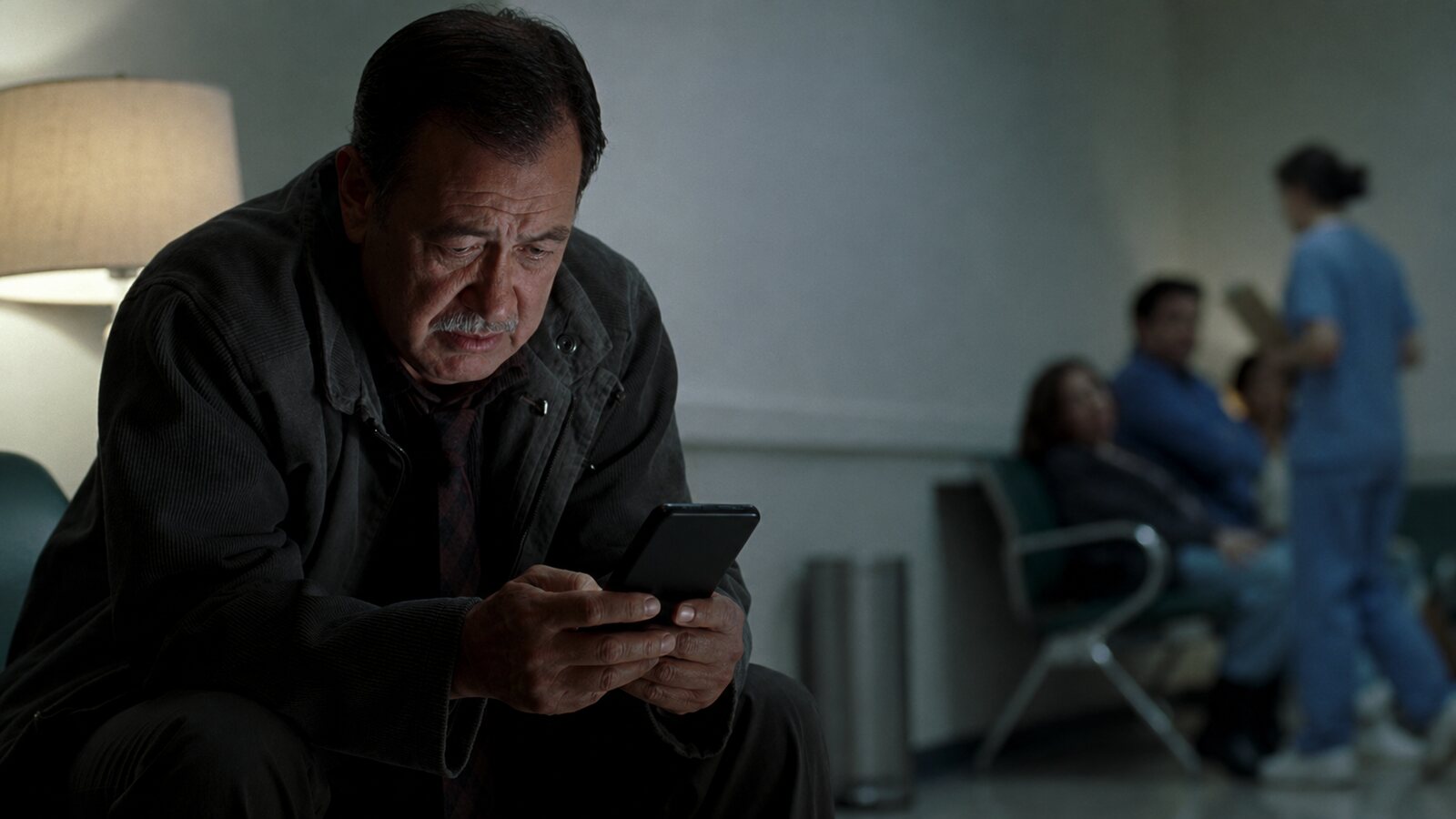 An older man in a hospital waiting room at evening, reading his phone under a lamp