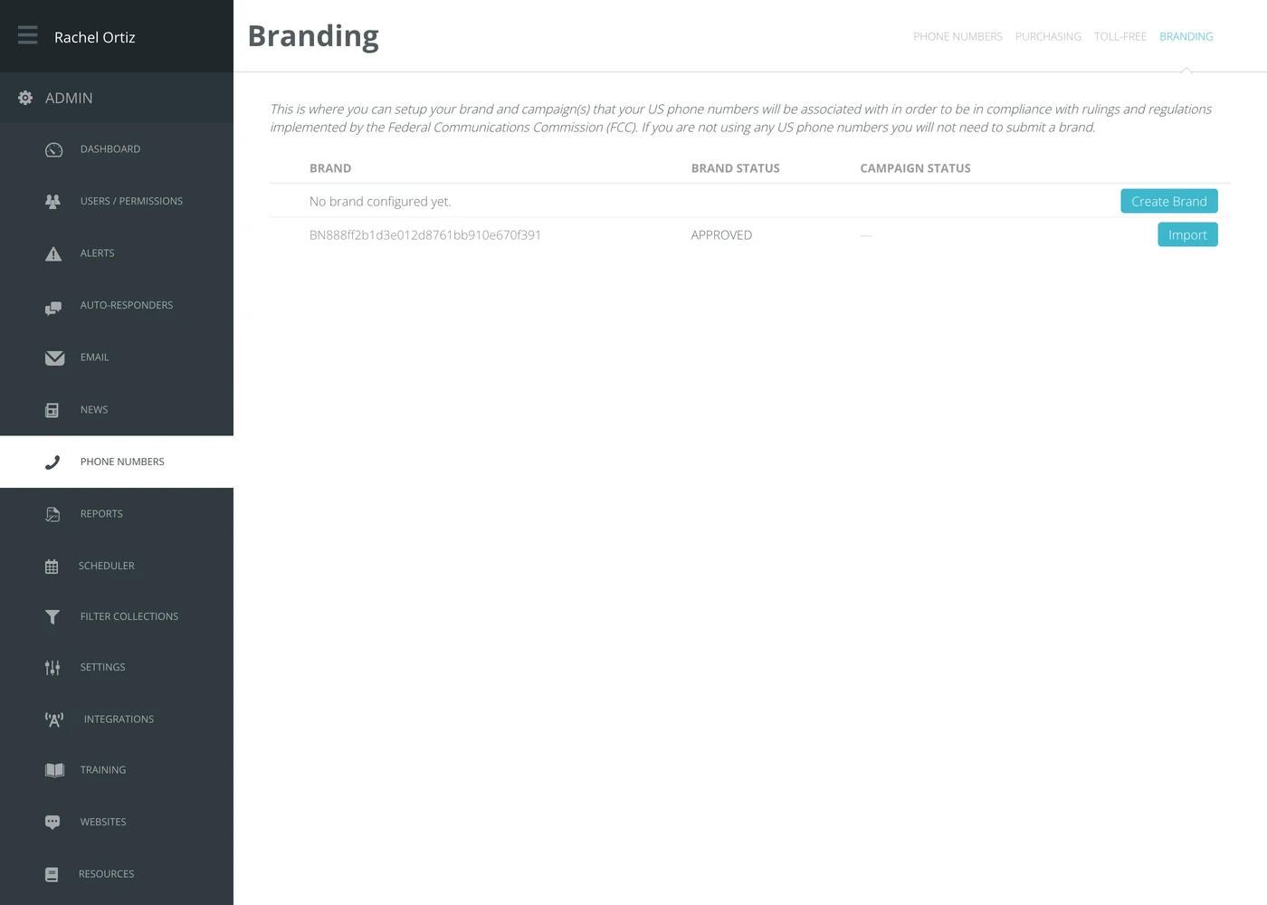 The Branding screen, showing brand status and campaign status with Create Brand and Import buttons.
