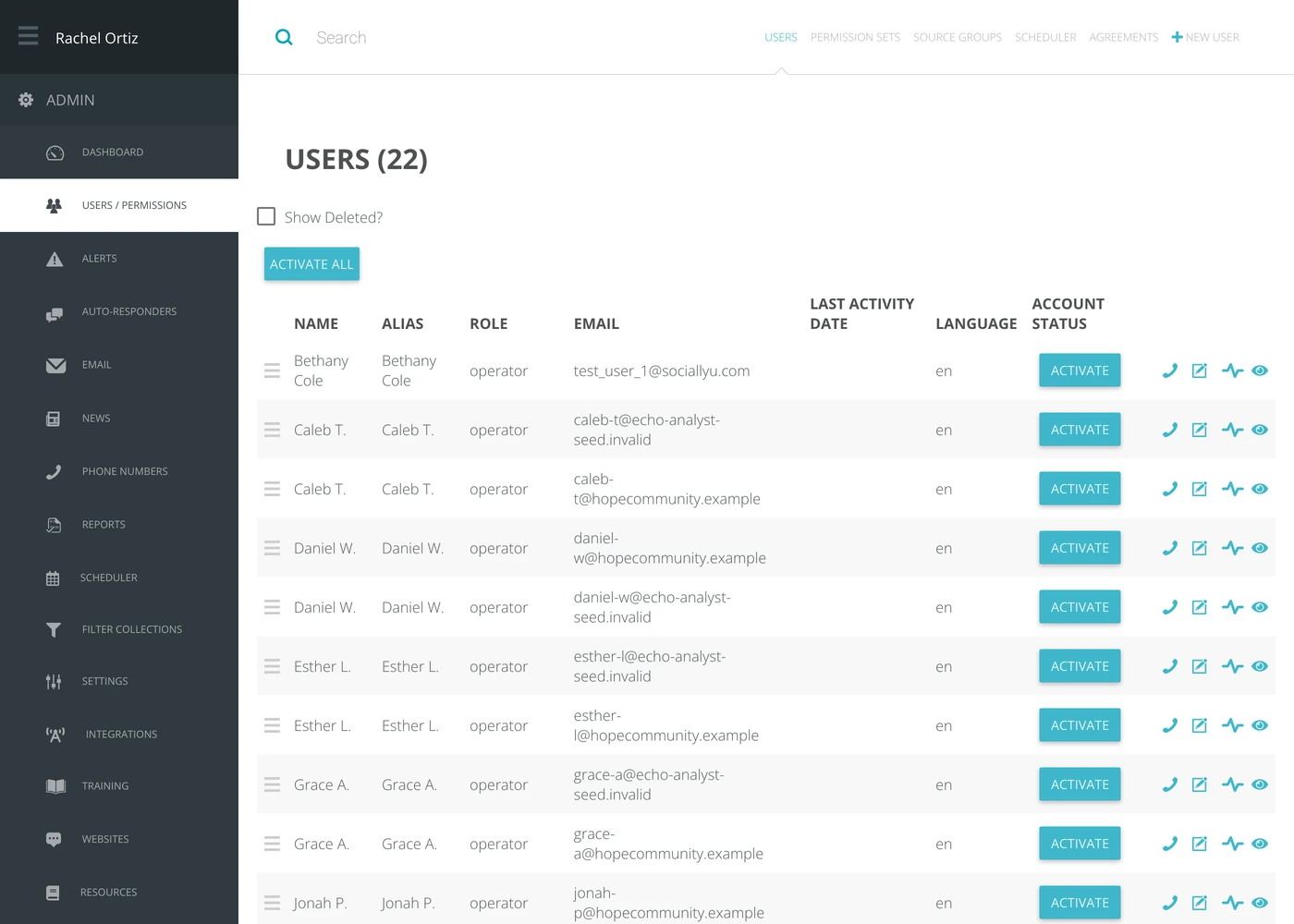 The Users screen, listing every responder with role, email, last activity and account status.