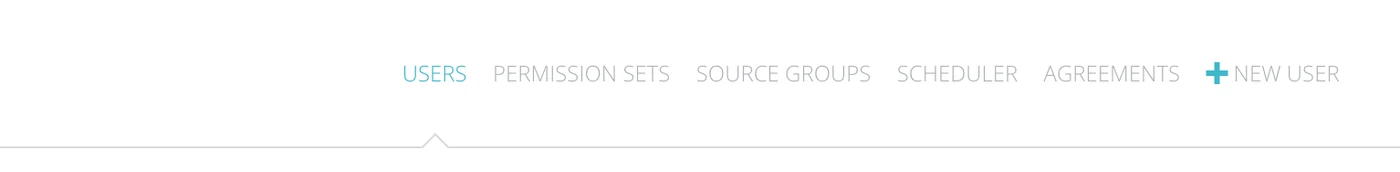 The navigation links: Users, Permission Sets, Source Groups, Scheduler, Agreements and New User.