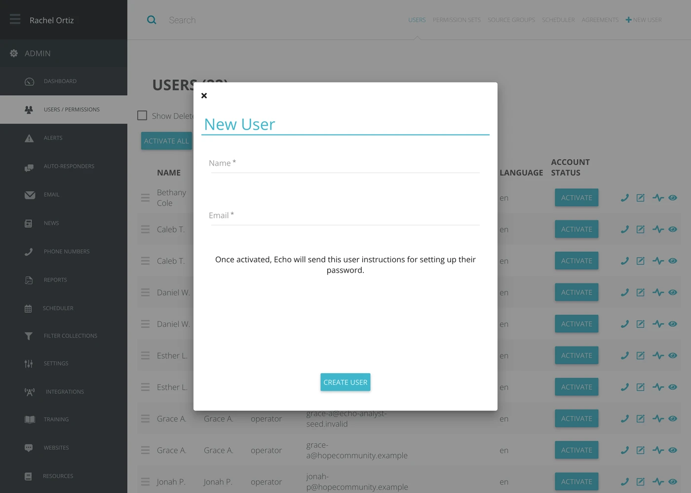 The new user form, with name, email, password and password confirmation.
