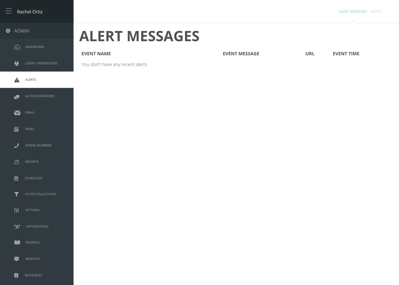 The Alert Messages screen, with columns for event name, event message, URL and event time.