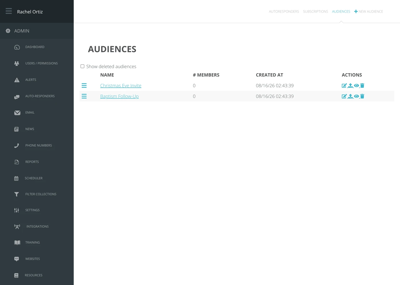 The Audiences screen, listing each audience with its member count and creation date.