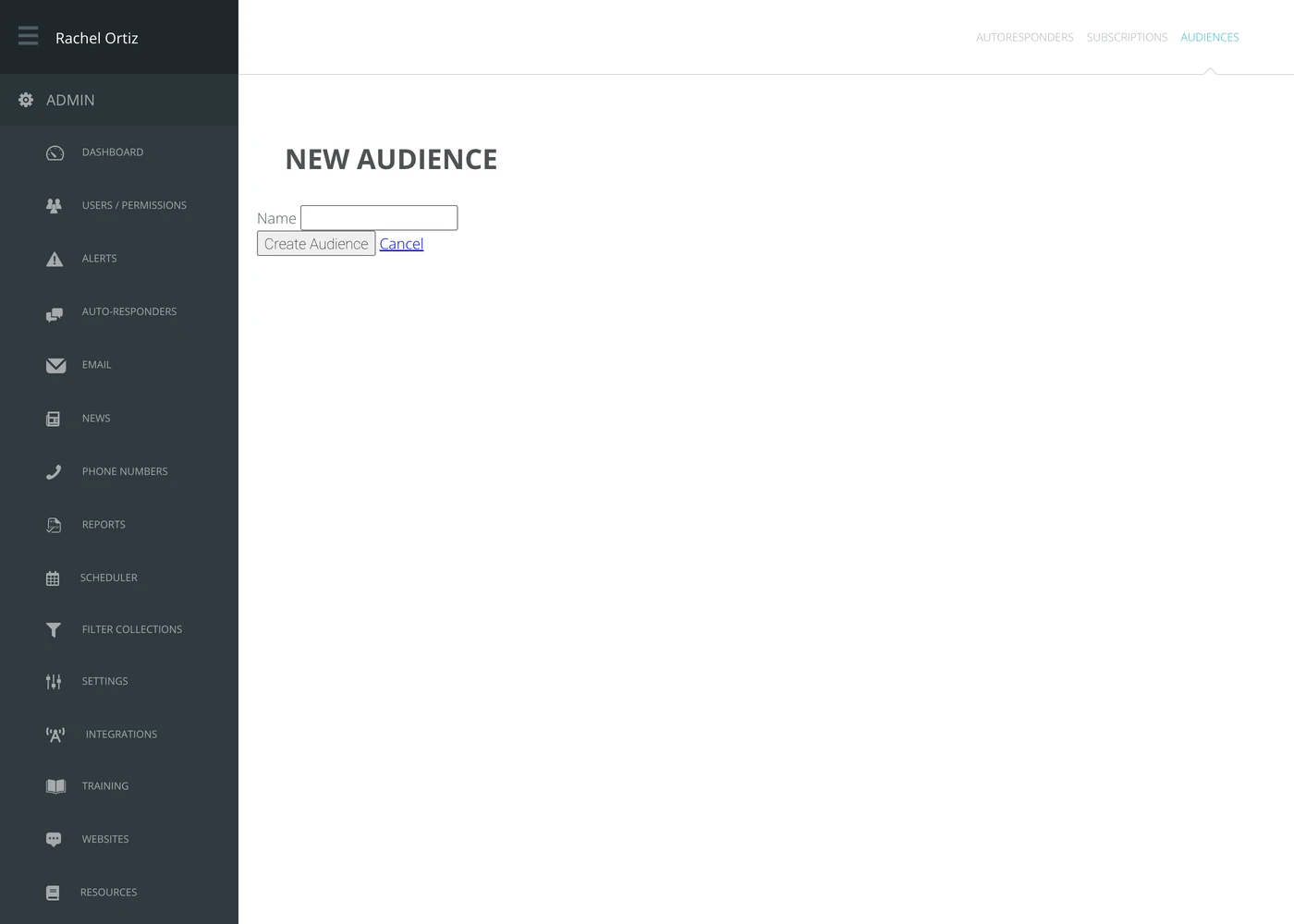 The new audience form, with a name field.