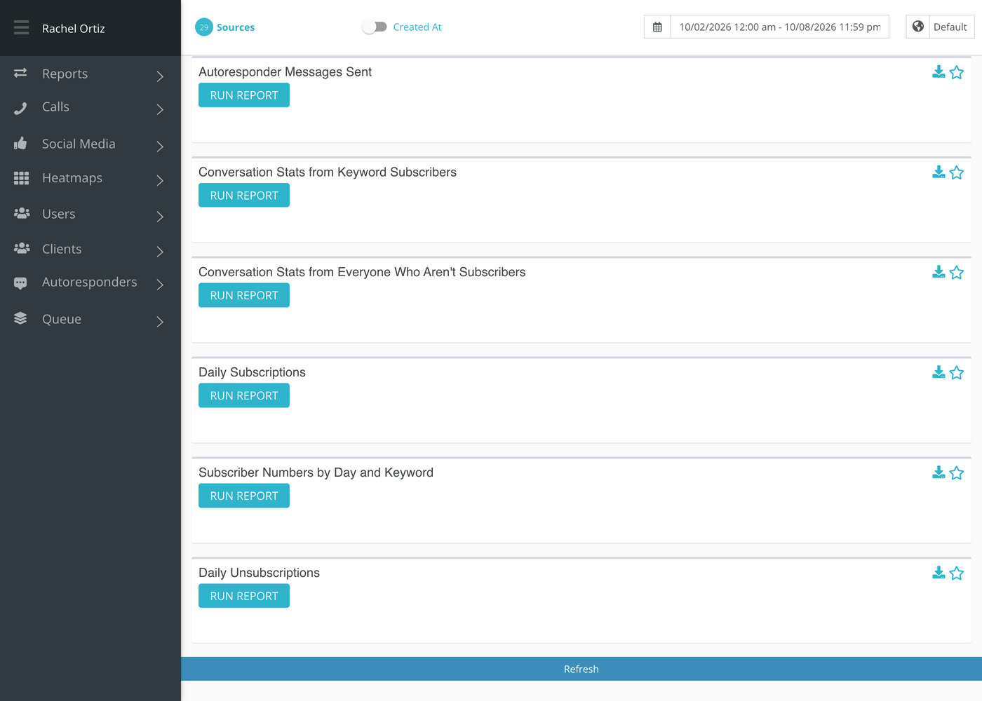The Dashboard before any card is run: six cards stacked, each with its own Run Report button.