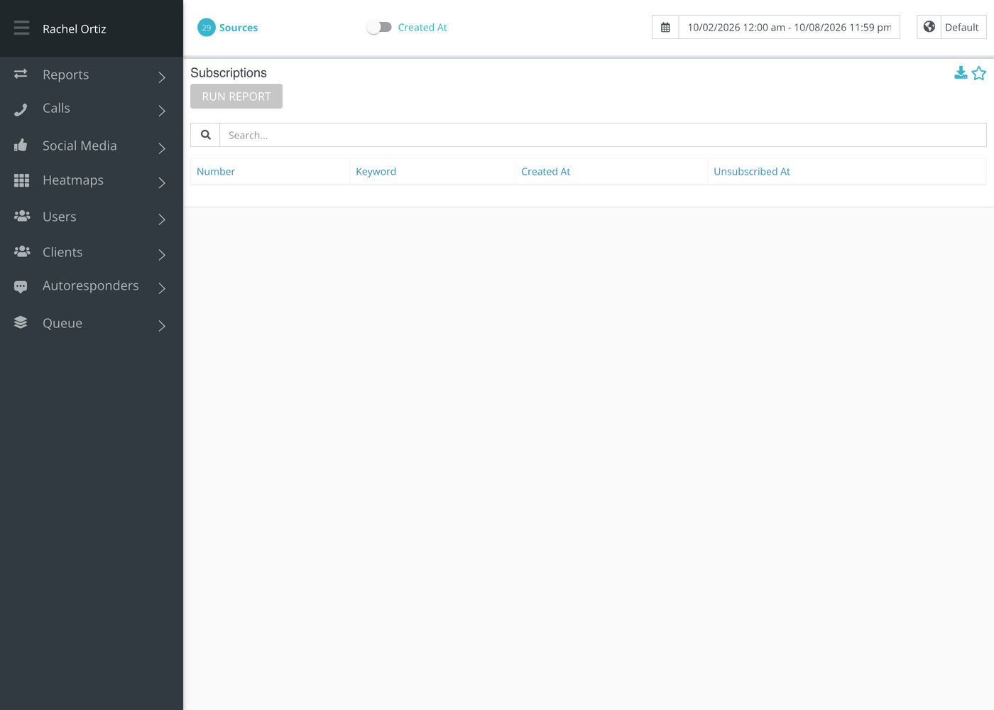 The Subscriptions report after Run Report, with its search box and four columns.