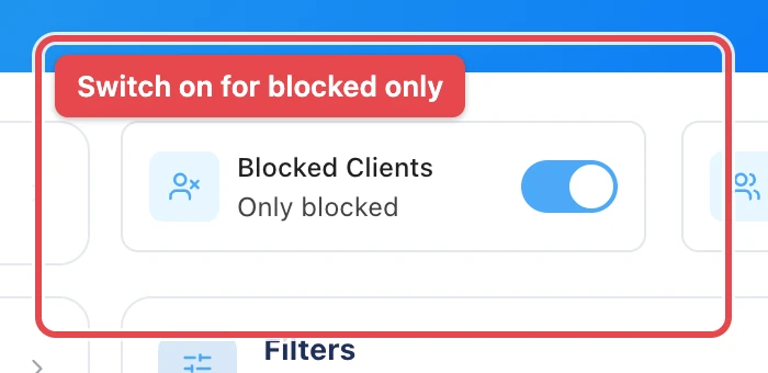 A close-up of the Blocked Clients switch, turned on, with Only blocked written underneath it.