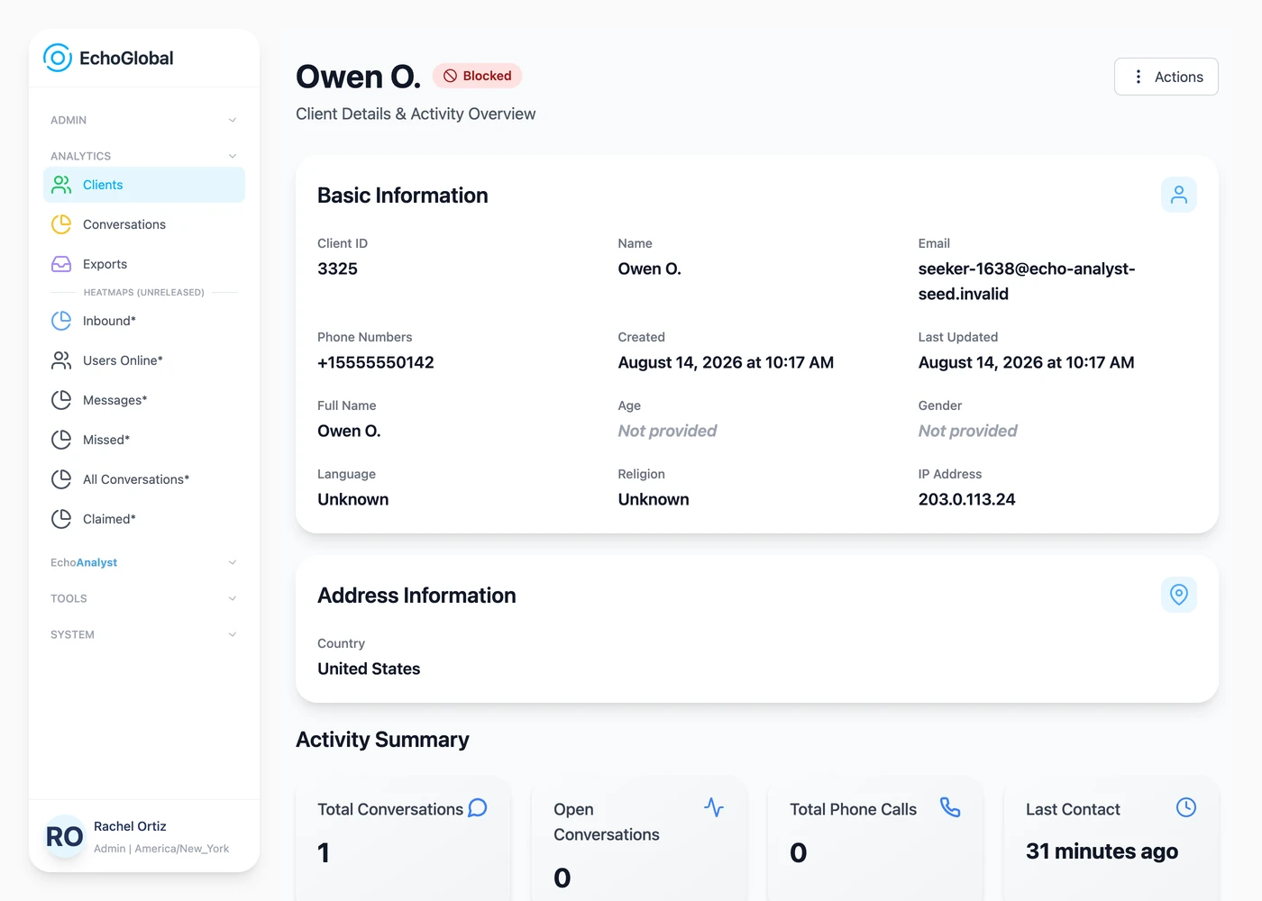 A client record with a red Blocked badge beside the name, and the phone number and IP address in the Basic Information panel.