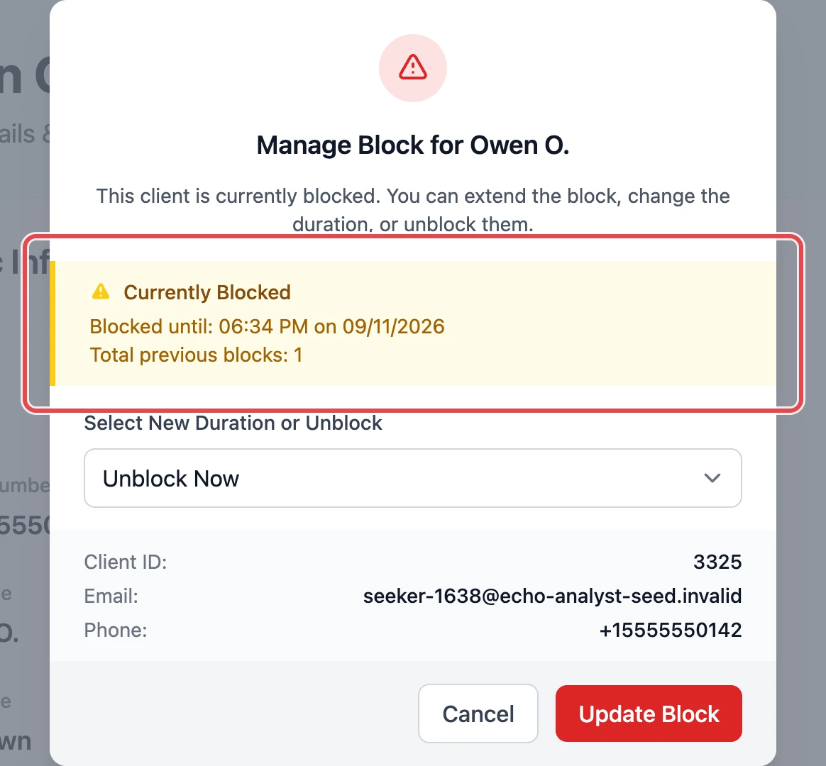The Manage Block panel, showing Currently Blocked, the date the block lifts, the total previous blocks, and a duration list.