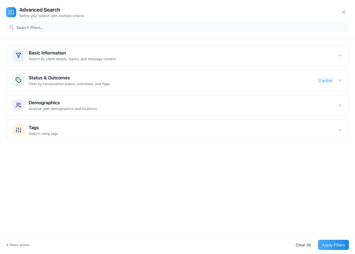 The Advanced Search drawer on the Conversations report, listing Basic Information, Status and Outcomes, Demographics and Tags.