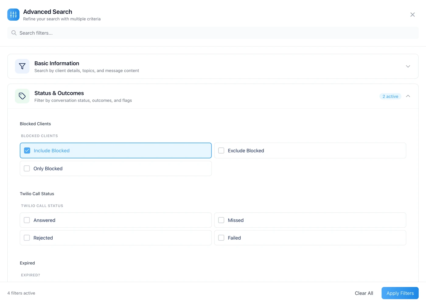 The Status and Outcomes filter group open, showing Blocked Clients set to Include Blocked, and the Twilio Call Status options.