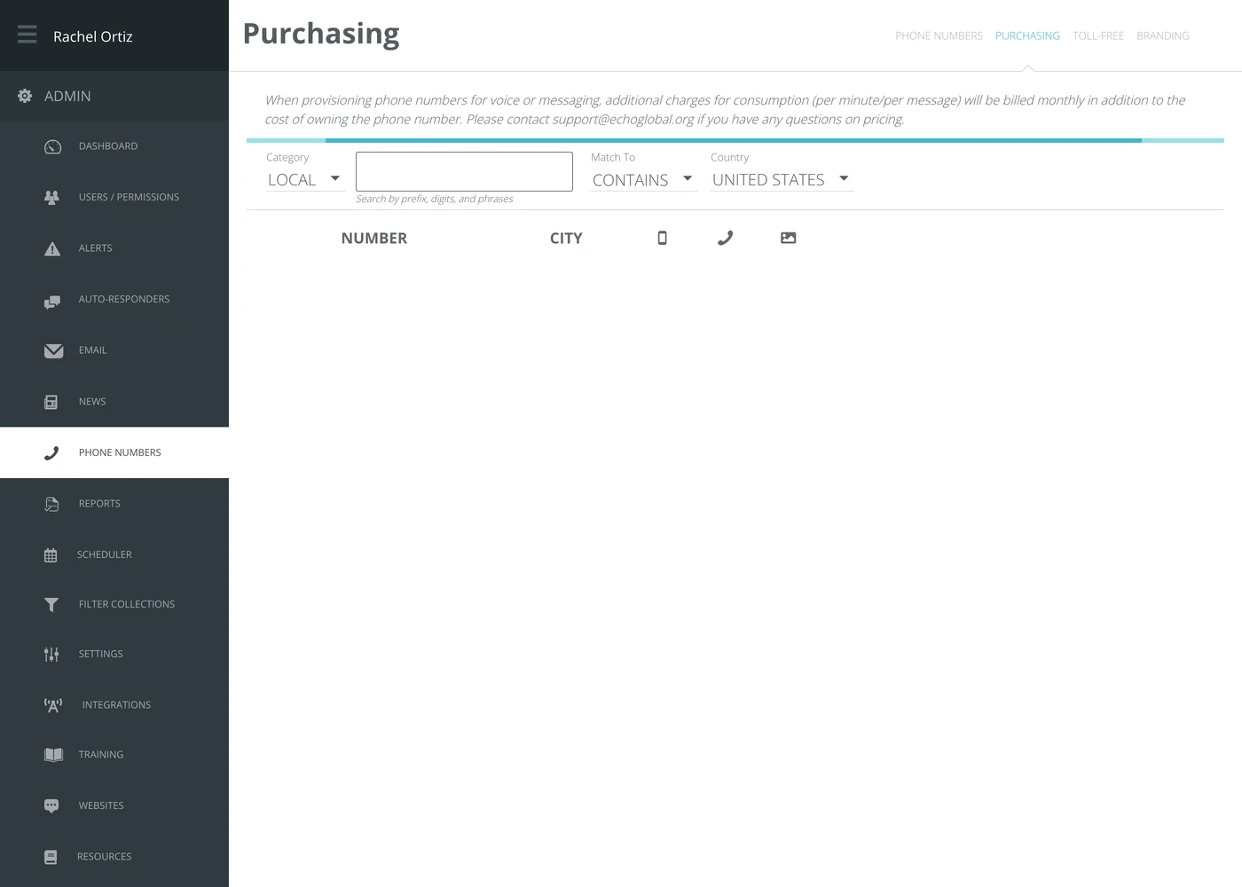 The Purchasing screen, with Category, a search box, Match To and Country above an empty results table.