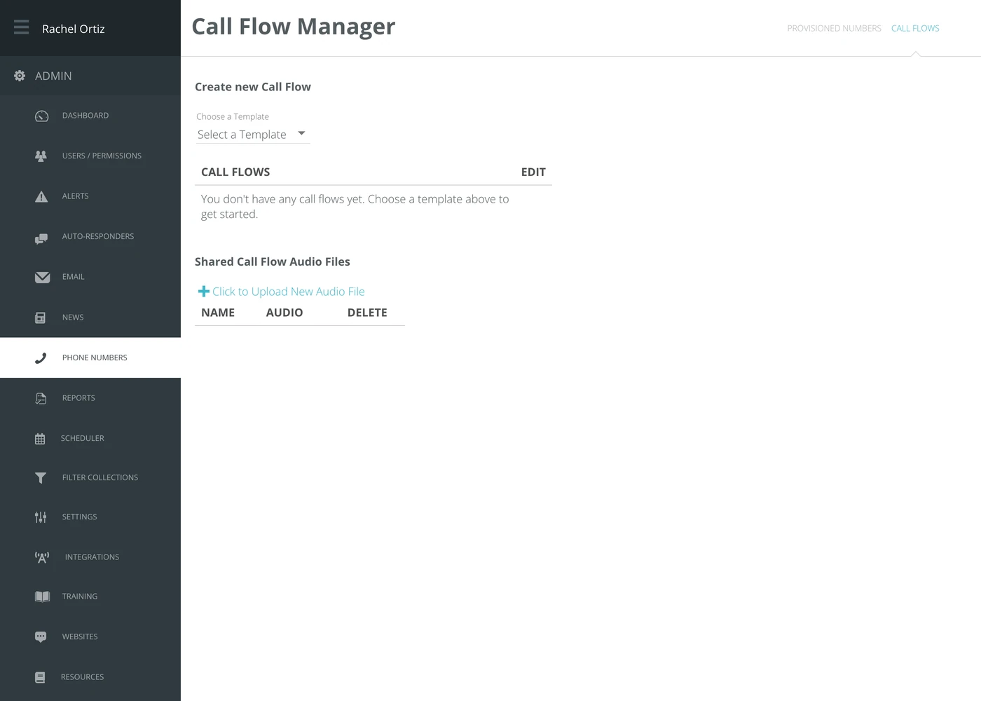 The Call Flow Manager, with a template picker, an empty call flow list and a shared audio file list.