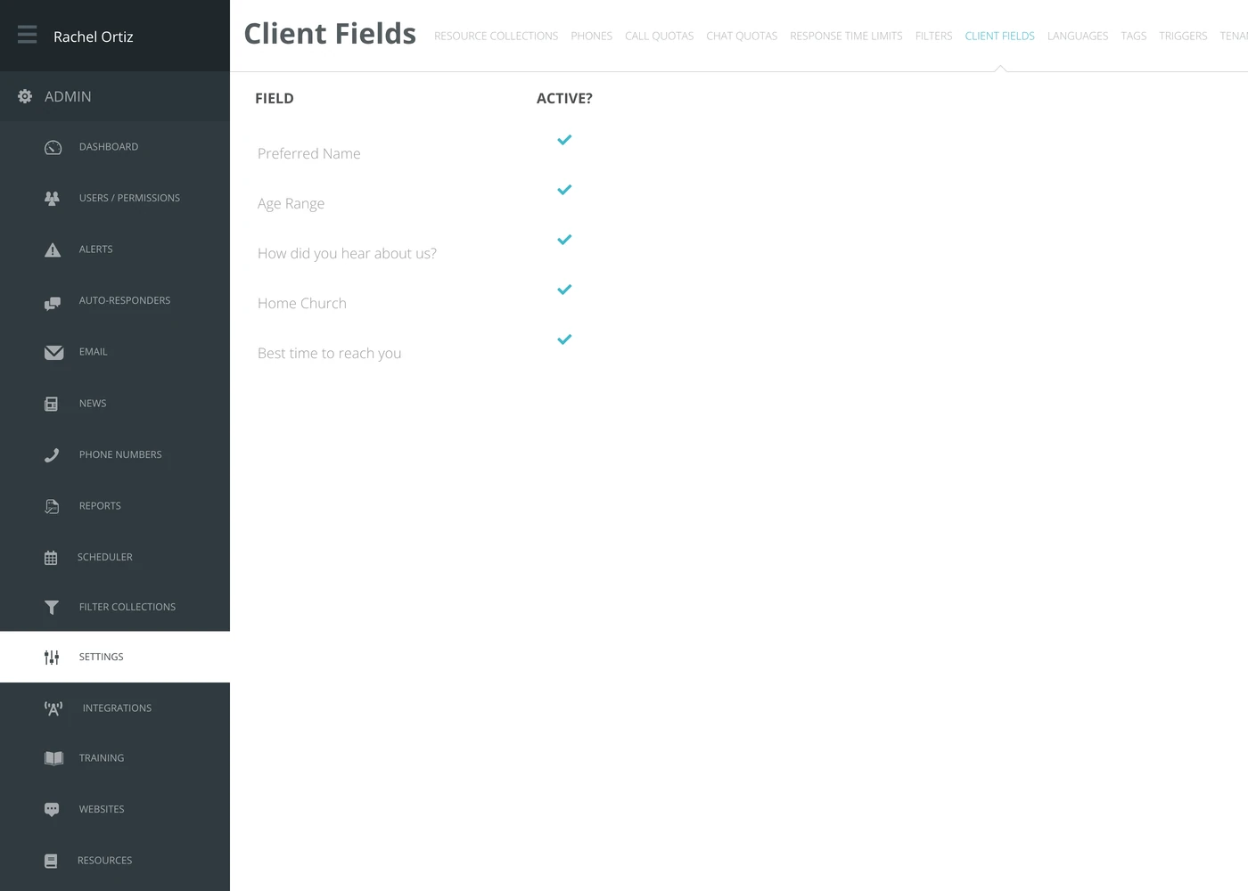 The Client Fields screen, listing each available field with a checkmark showing whether it is active.