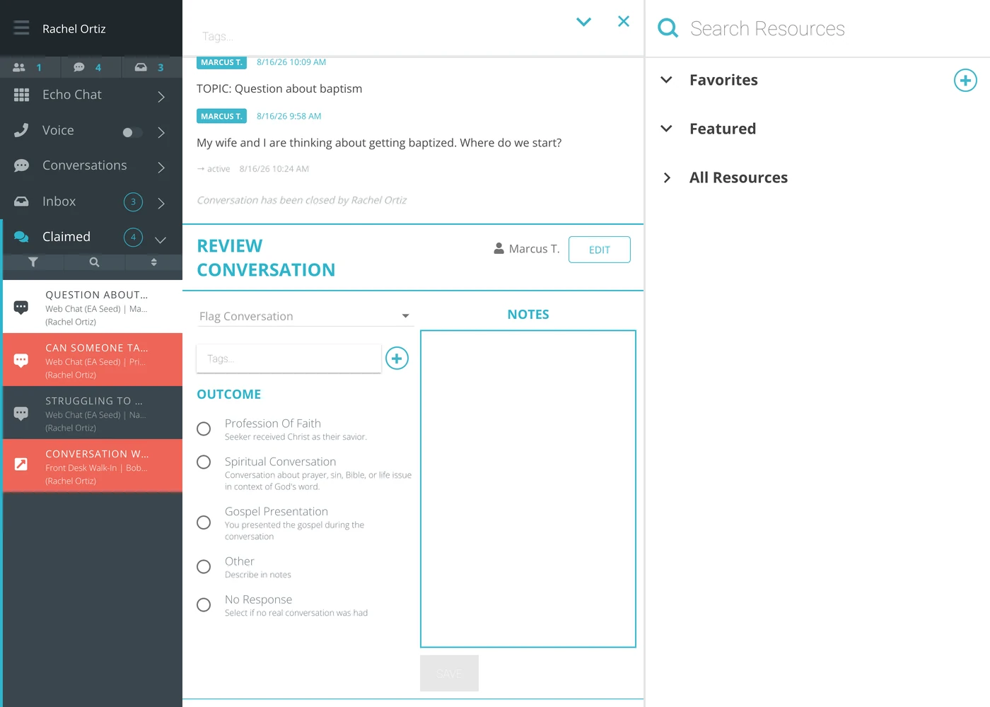 The Review Conversation panel, with a Flag Conversation dropdown, a Tags field, a list of outcome options each with its own description, and a Notes box.