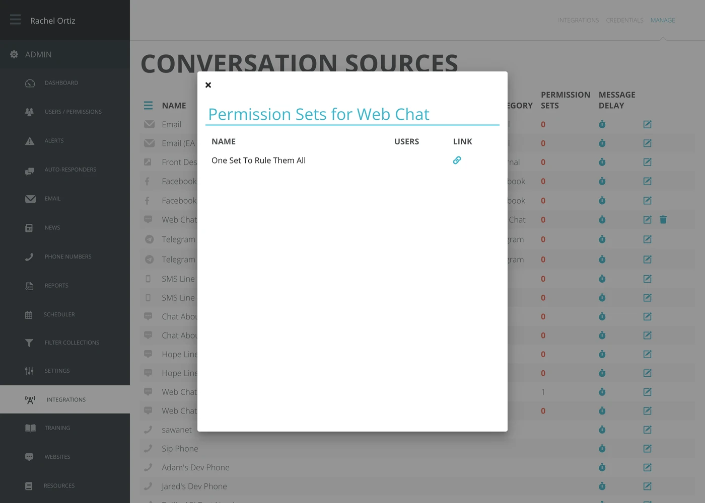 A dialog listing the permission sets that include one source, with a user count and a link to each set.