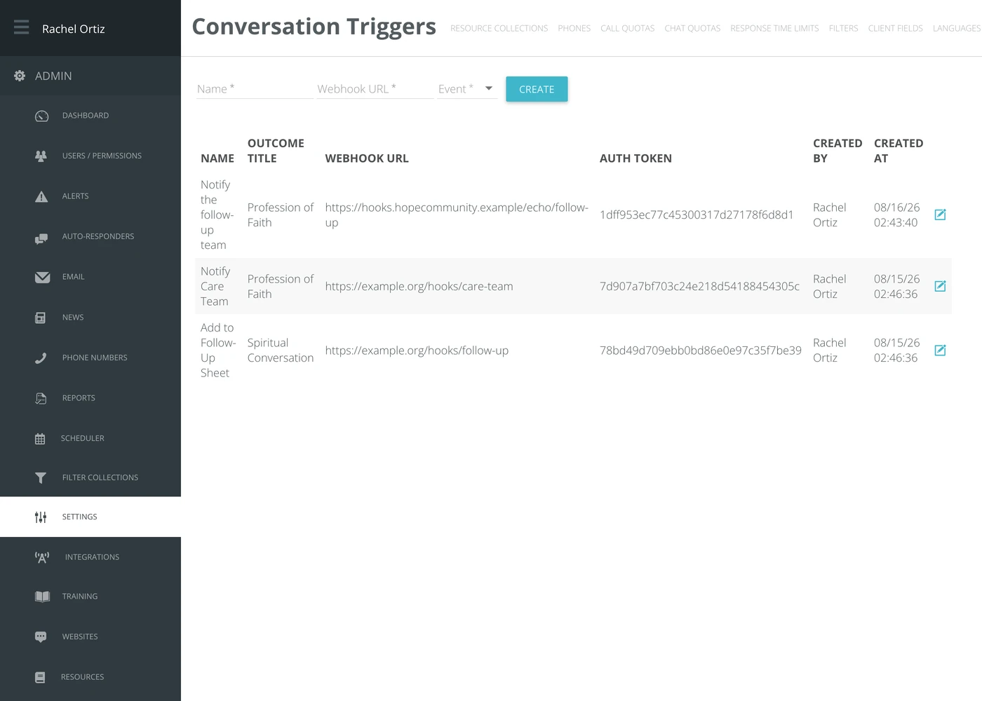 The Conversation Triggers screen, with a create form and a table of existing triggers.