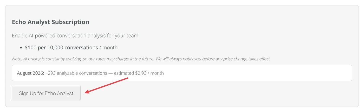 The Echo Analyst subscription page in the admin area before sign-up, showing the rate, last month's estimate and the Sign Up for Echo Analyst button.