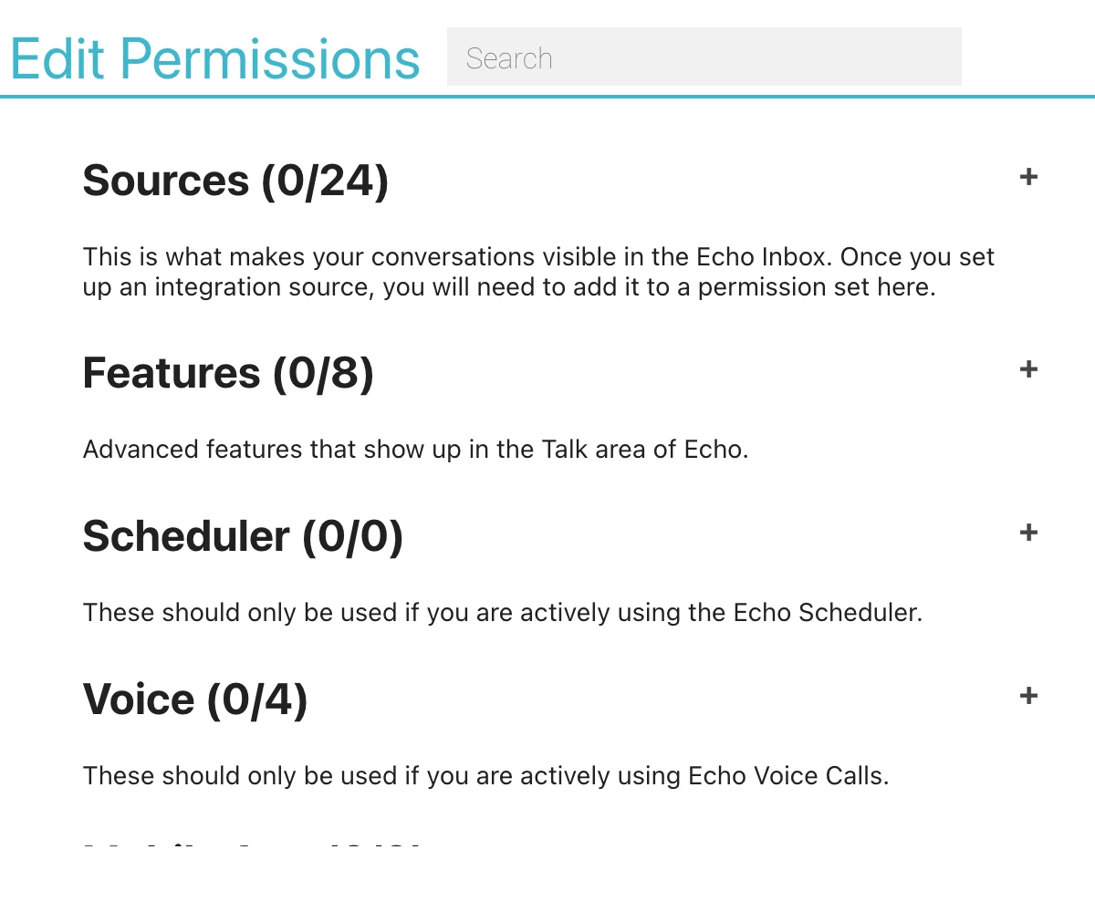 The Edit Permissions dialog for a permission set, listing the Sources, Features, Scheduler and Voice groups with counts.