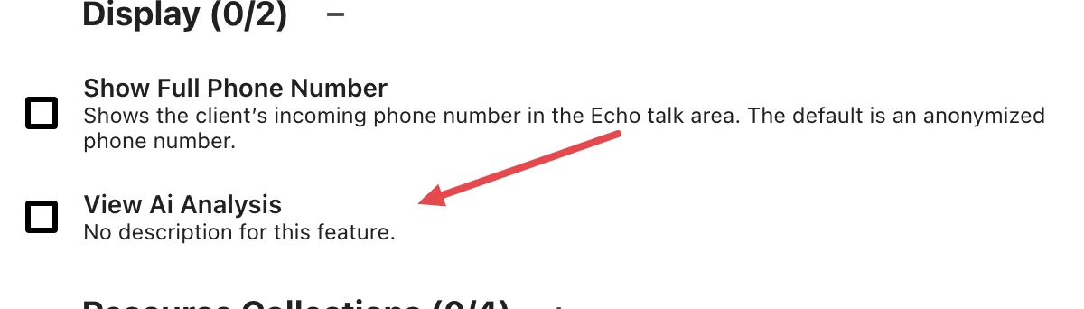 The Display group inside Features in the Edit Permissions dialog, with an arrow pointing at the View Ai Analysis row beneath Show Full Phone Number.