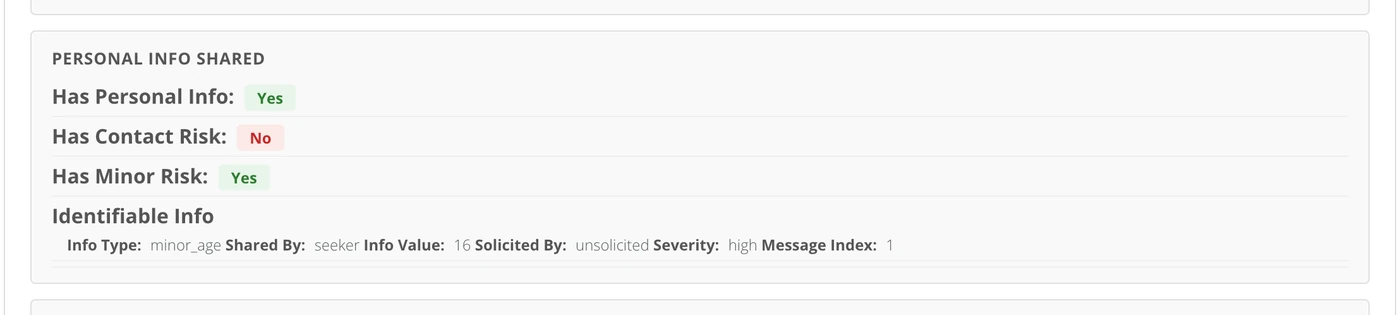 The Personal Info Shared section of one conversation's stored analysis, showing the three flags and one recorded detail with its type, who shared it, the value, whether it was solicited, its severity and its message position.