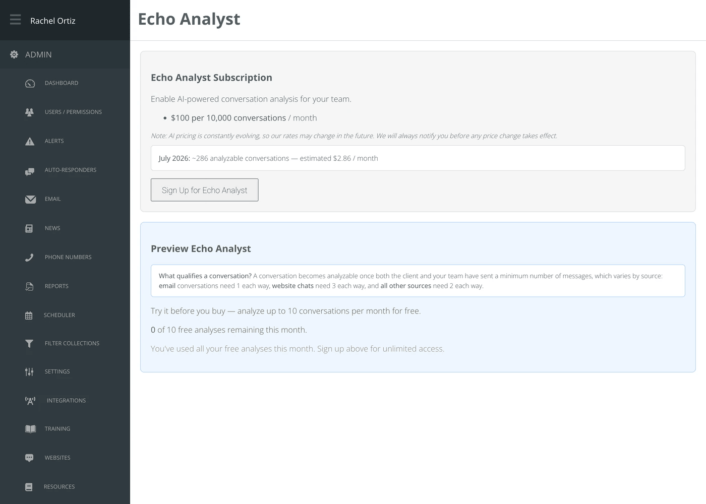 The Echo Analyst subscription page in the admin area, showing the rate, a monthly estimate and the sign-up button.
