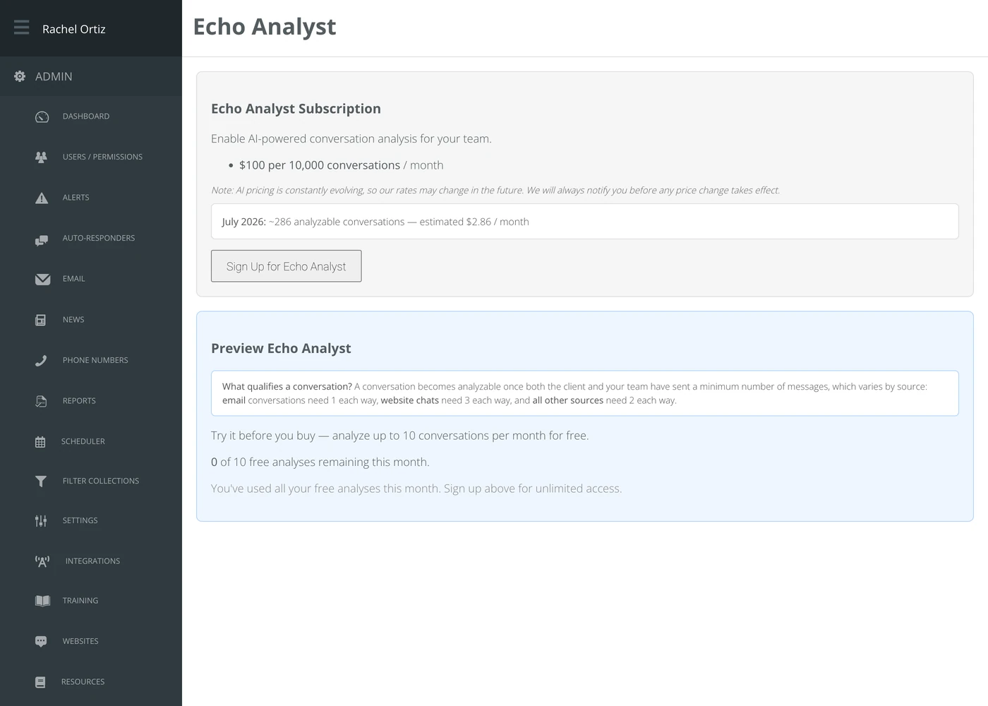 The Echo Analyst subscription page in the admin area, showing the rate, a monthly estimate and the sign-up button.