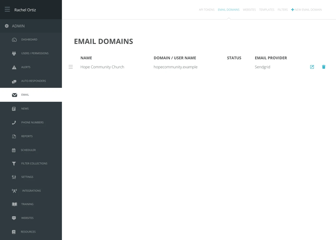 The Email Domains screen, listing each domain with its status and email provider.