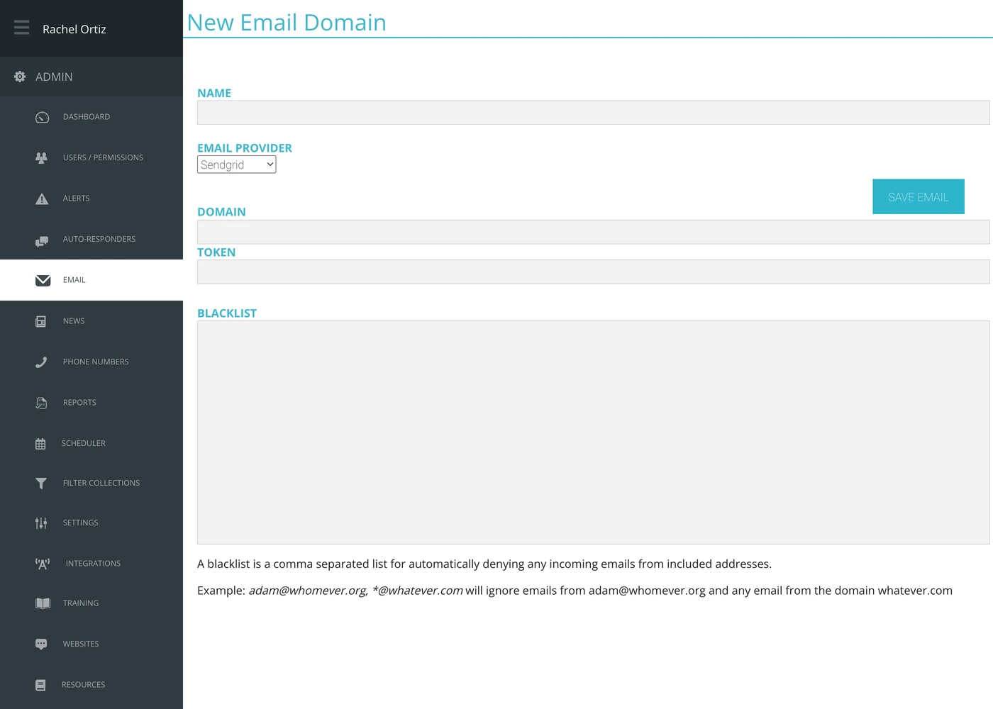 The New Email Domain form, with Name, Email Provider, Domain, Token and Blacklist fields.
