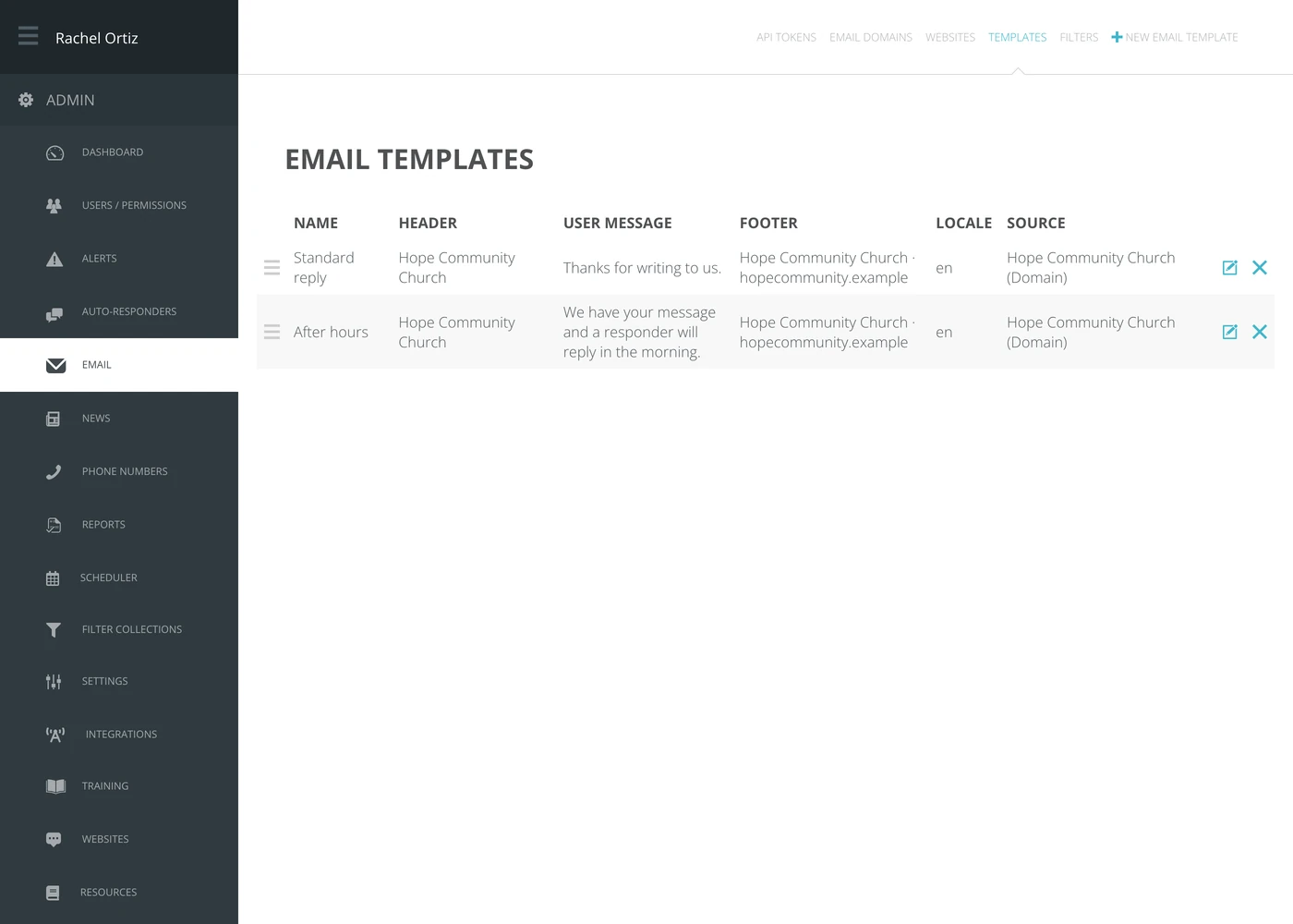 The Email Templates screen, listing templates with their header, user message, footer, locale and source.