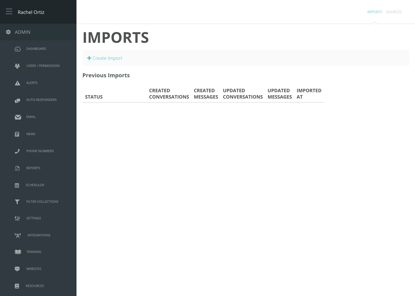 The Imports screen, with a Create Import button and a table of previous imports.