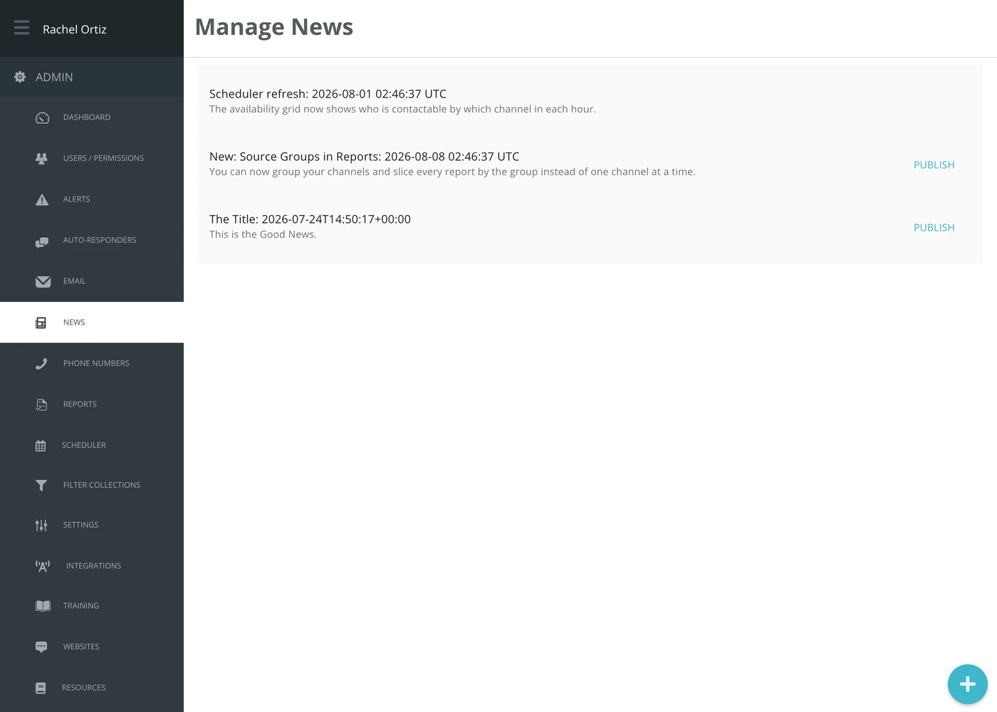 The Manage News screen, listing news items with a Publish link beside the unpublished ones.