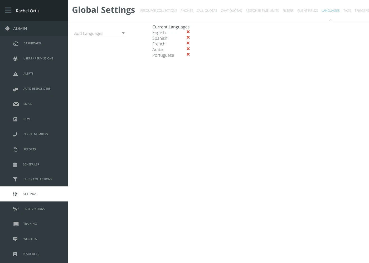 The Languages screen, with an Add Languages picker on the left and the current list on the right.