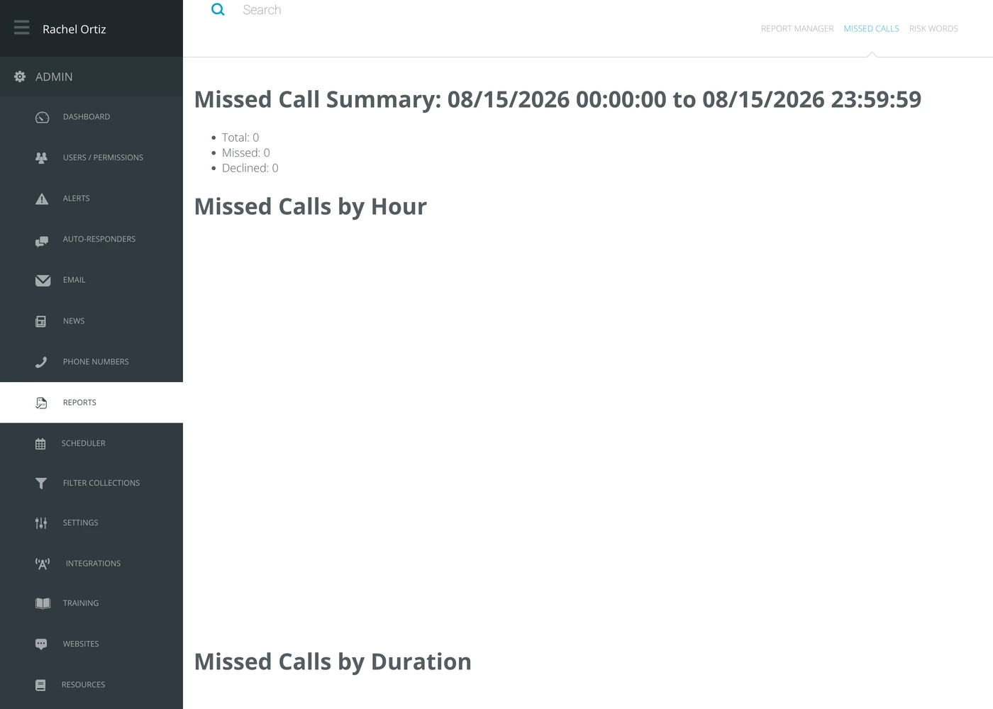 The Missed Calls report, with a summary of total, missed and declined calls above charts by hour and by duration.
