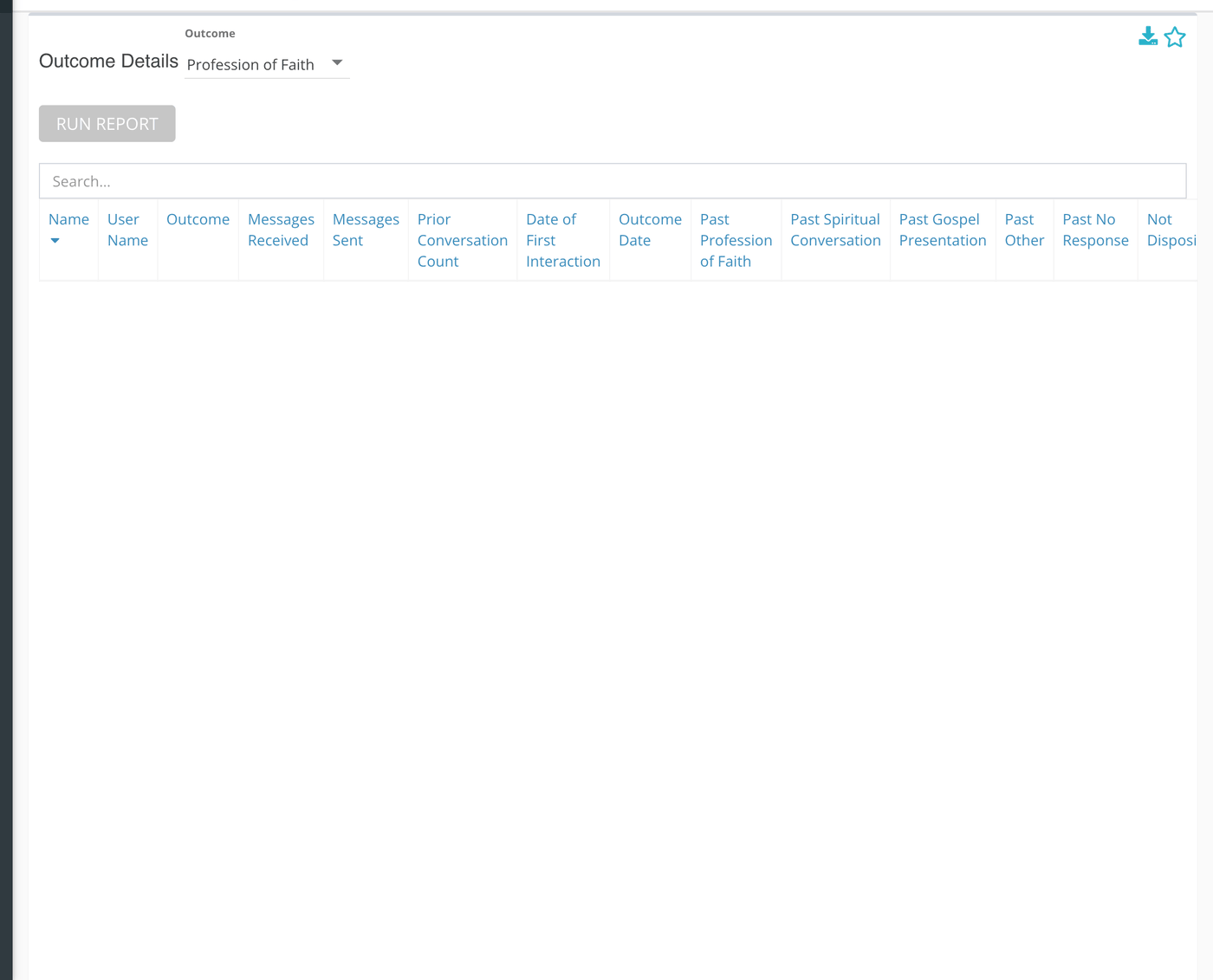 Outcome Details after choosing an outcome and running the report: one row per conversation, with the seeker's history in the columns.