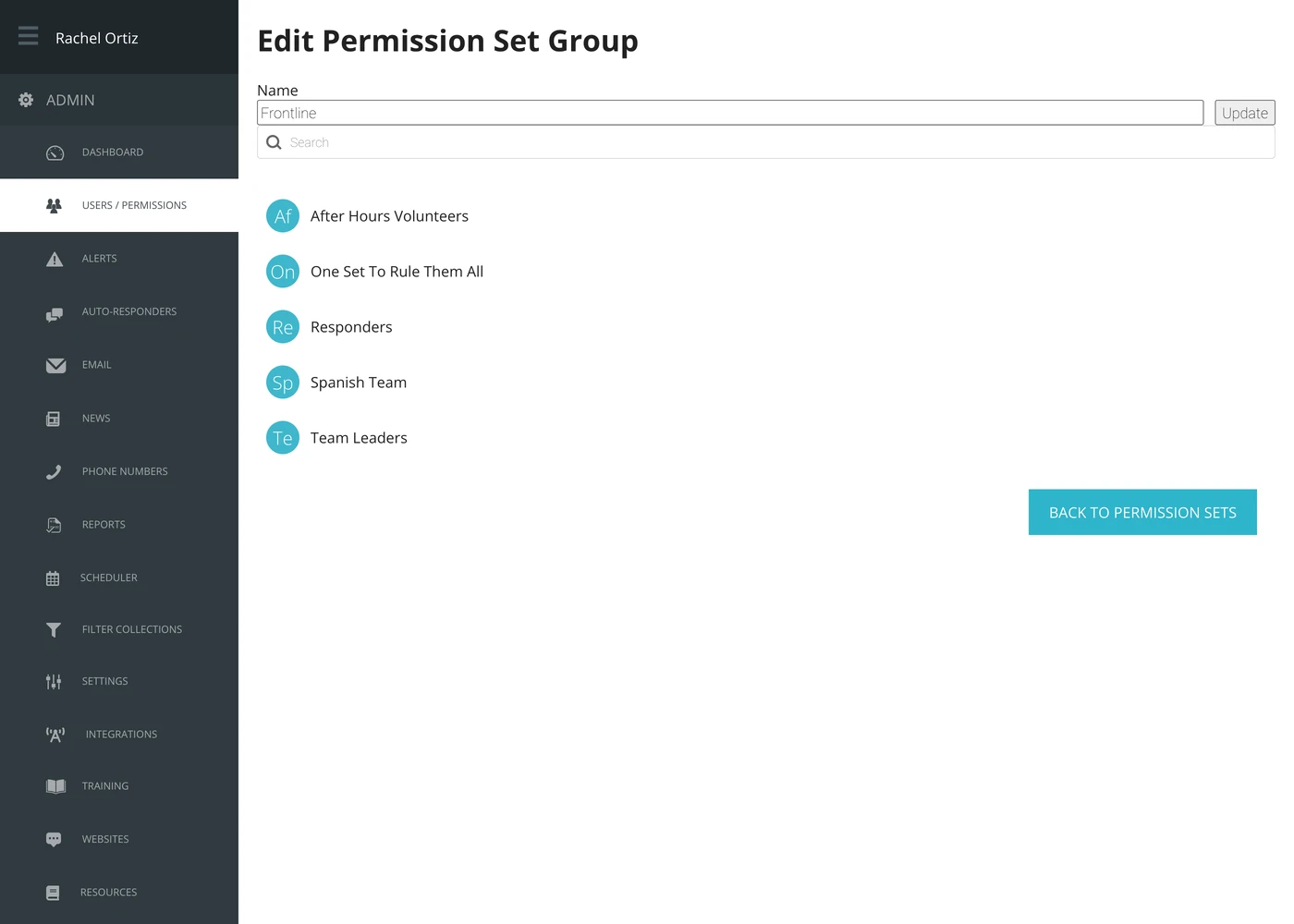 A permission set group open for editing, listing every permission set with its initials in a circle.