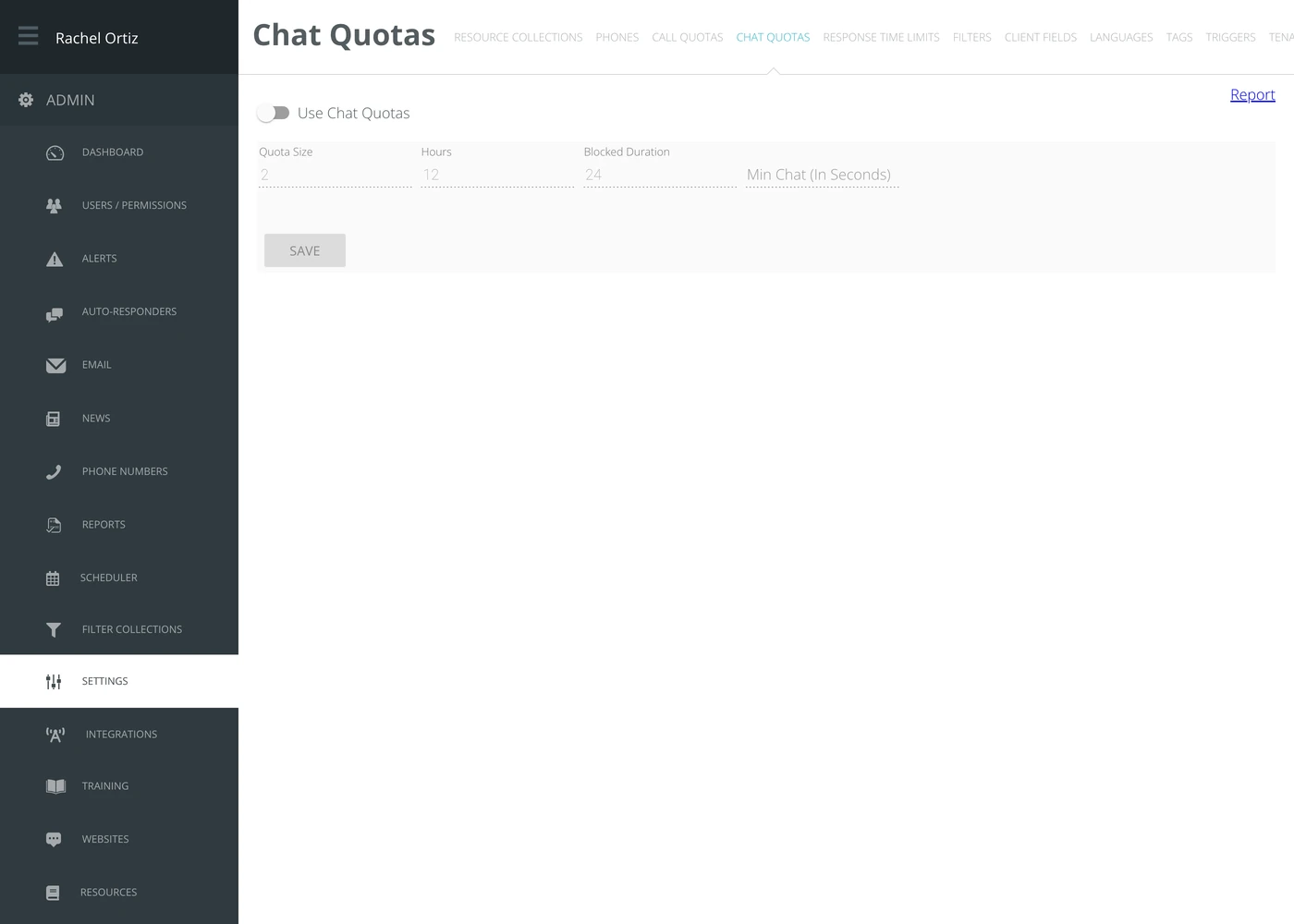 The Chat Quotas screen, with quota size, hours, blocked duration and minimum chat length.