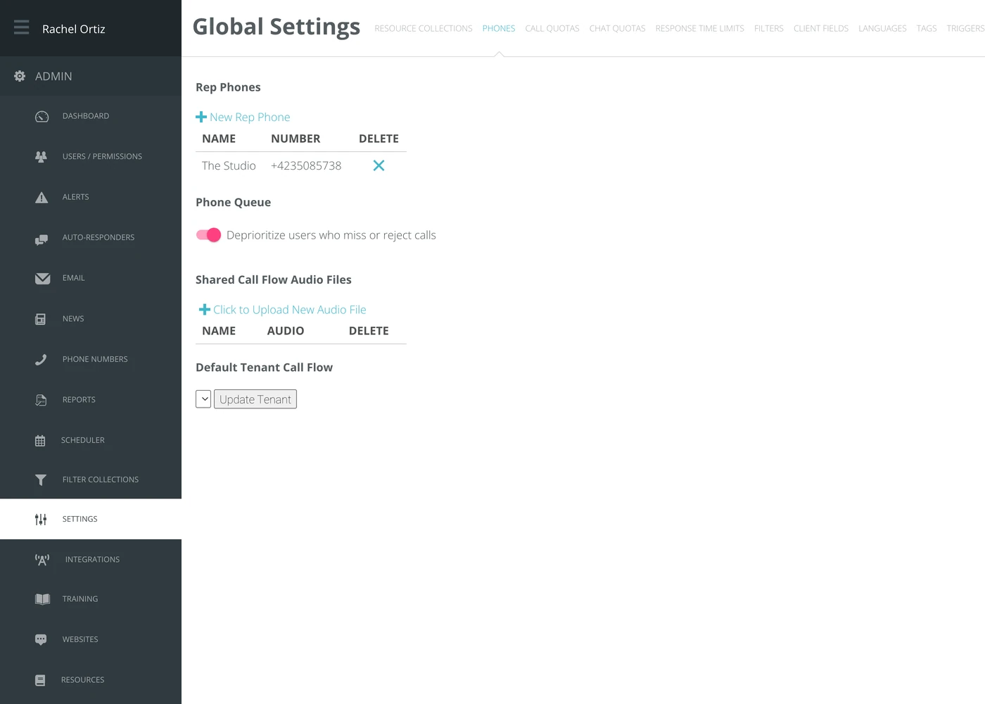 The Phones settings screen, with rep phones, the phone queue switch, shared audio files and the default call flow.