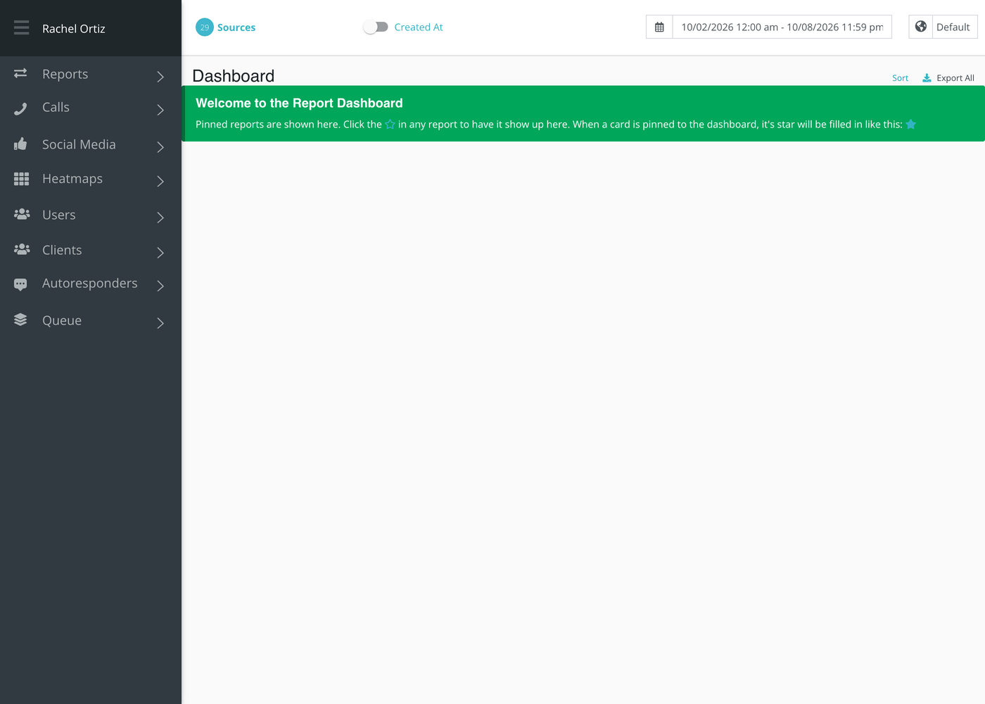 The Dashboard before anything is pinned: the welcome note, with Sort and Export All at the top right.