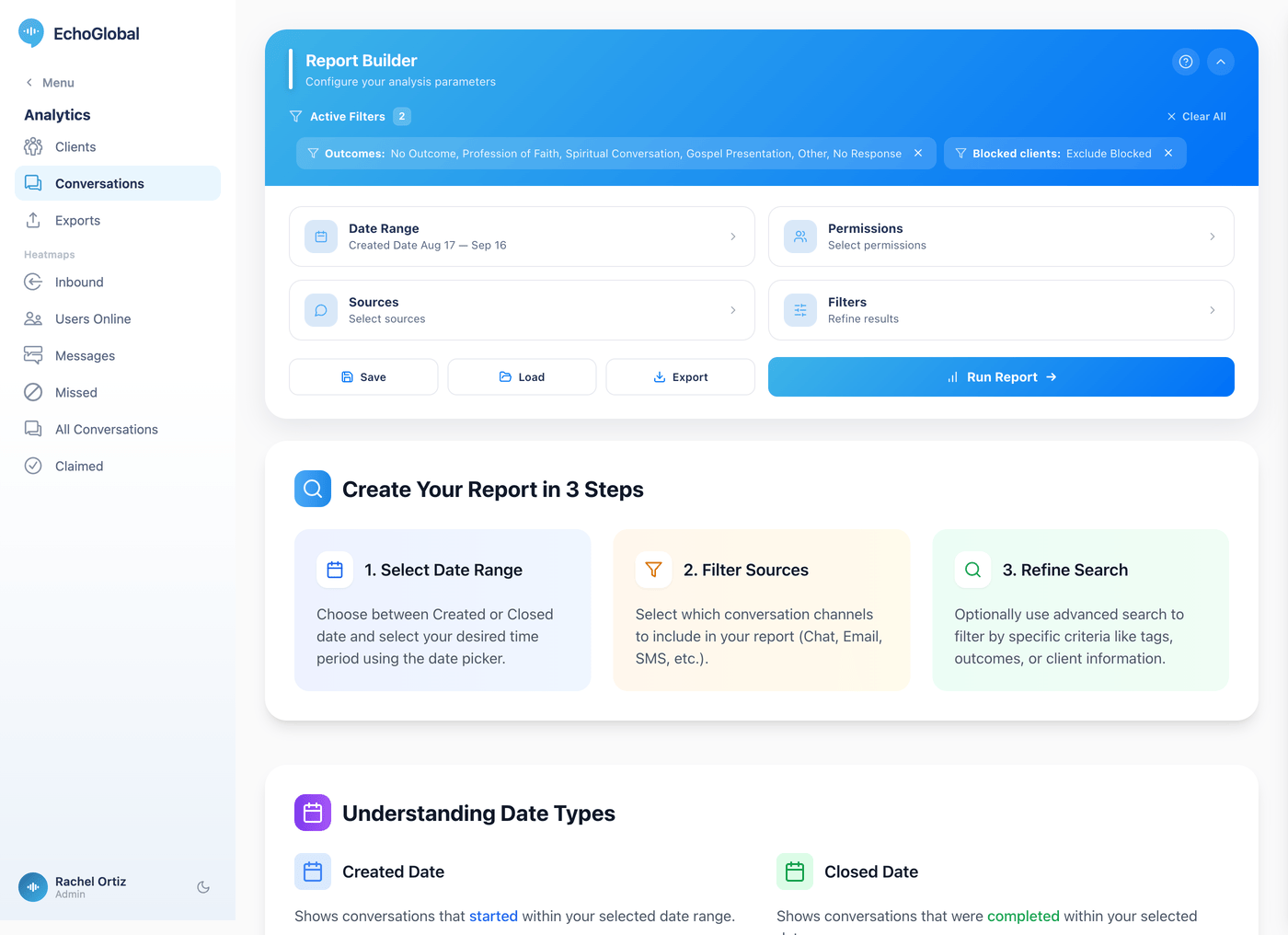 The Export dialog on the Conversations report: format and delivery method