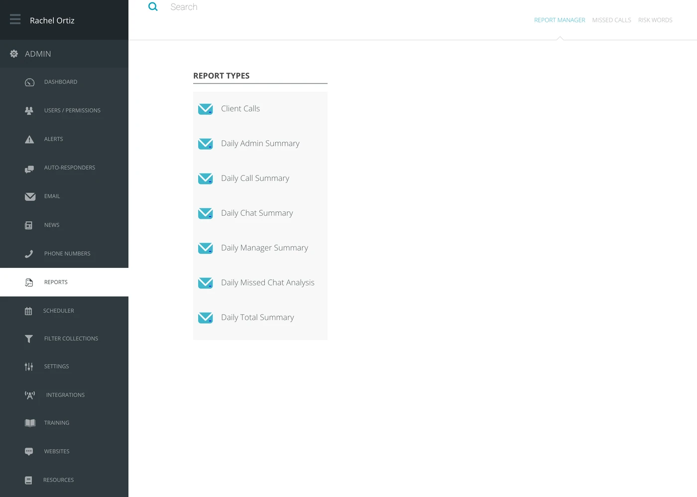 The Report Manager, listing the available report types down the page.