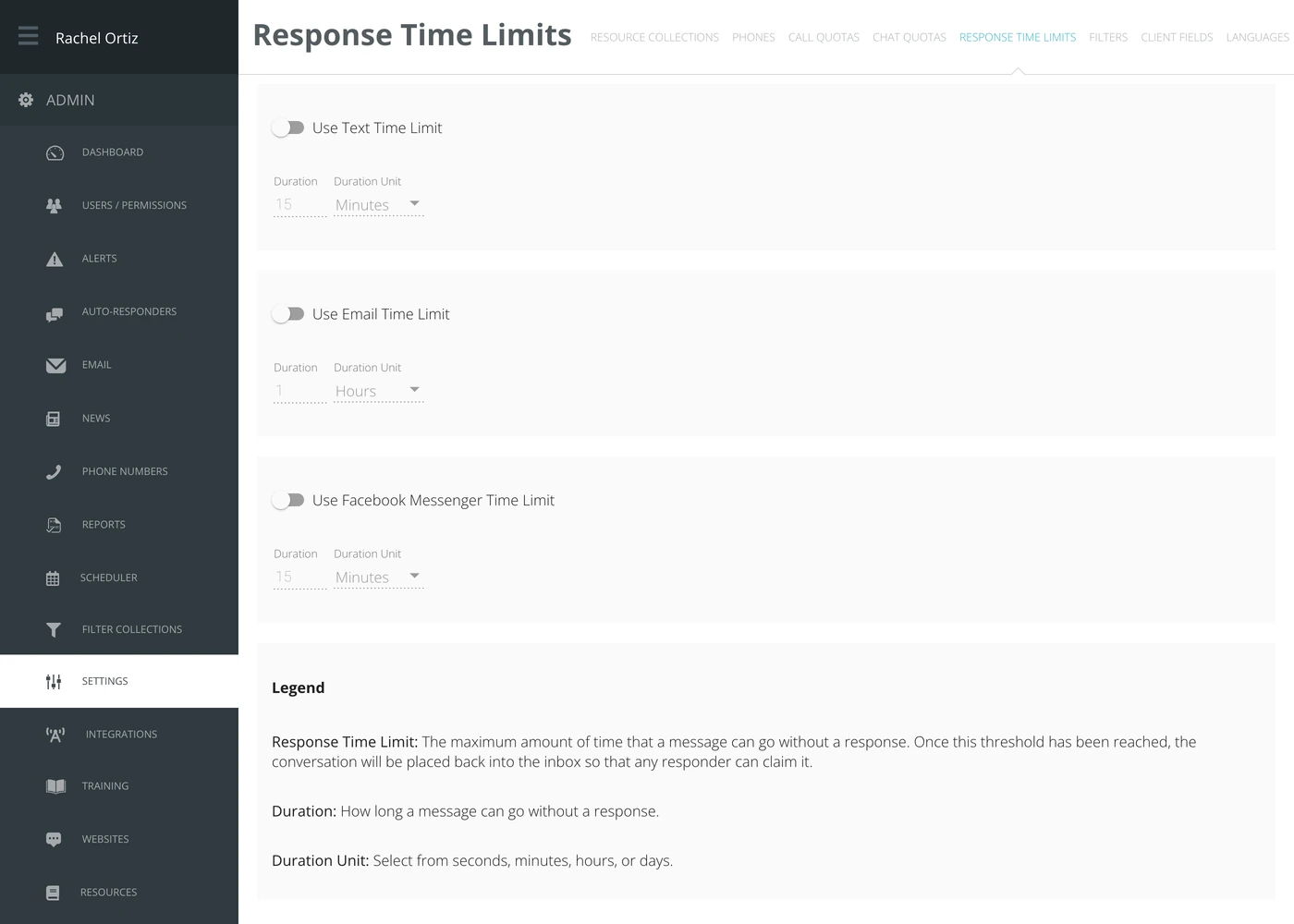 The Response Time Limits screen, with a switch and a duration for text, email and Facebook Messenger.