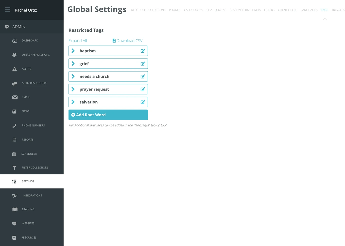 The Restricted Tags screen, with root words listed and controls to expand them, add a root word and download a CSV.