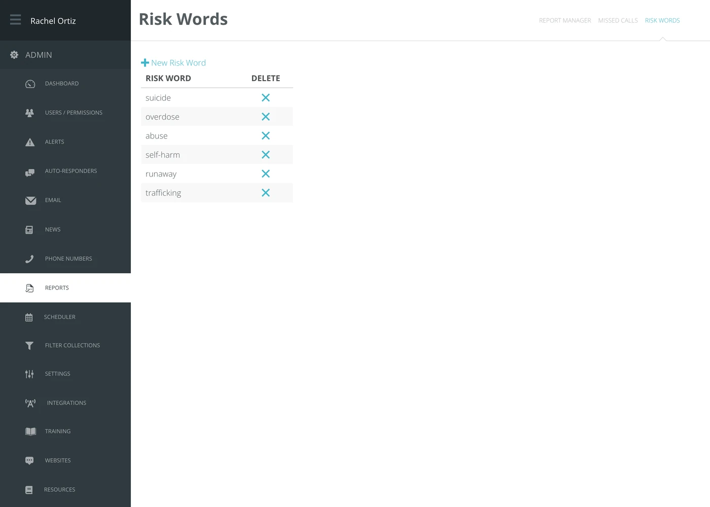 The Risk Words screen, listing each word with a delete column.