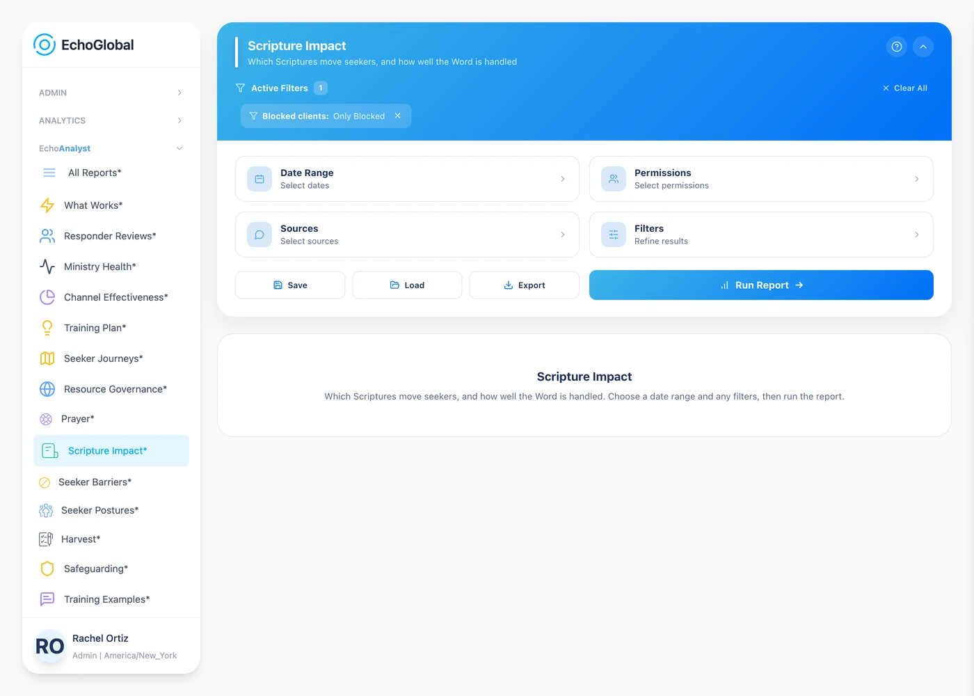 The Report Builder for the Scripture Impact report, with date range, sources, permissions and filters.