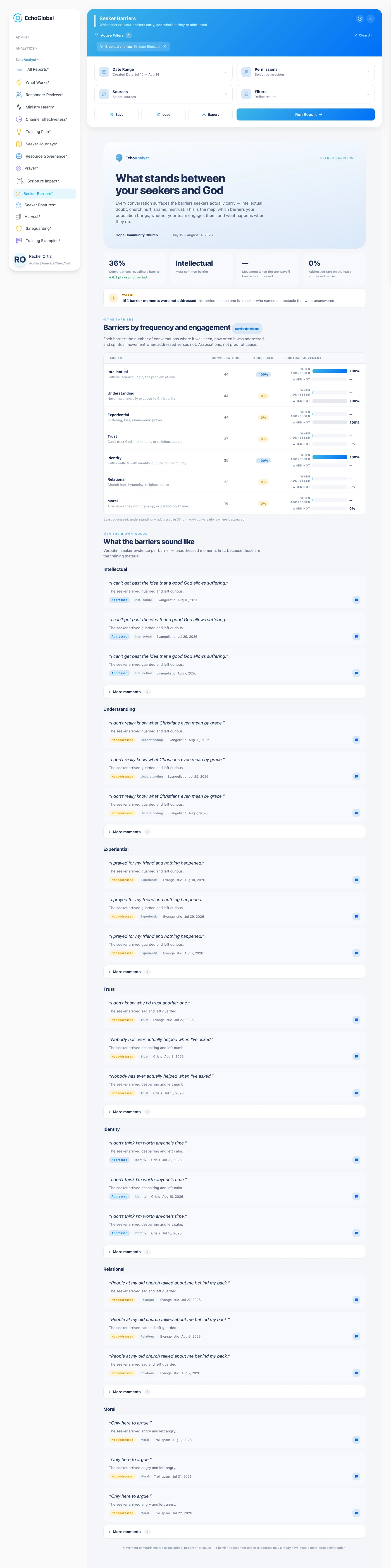 The Seeker Barriers report after it has been run, showing its sections and results.