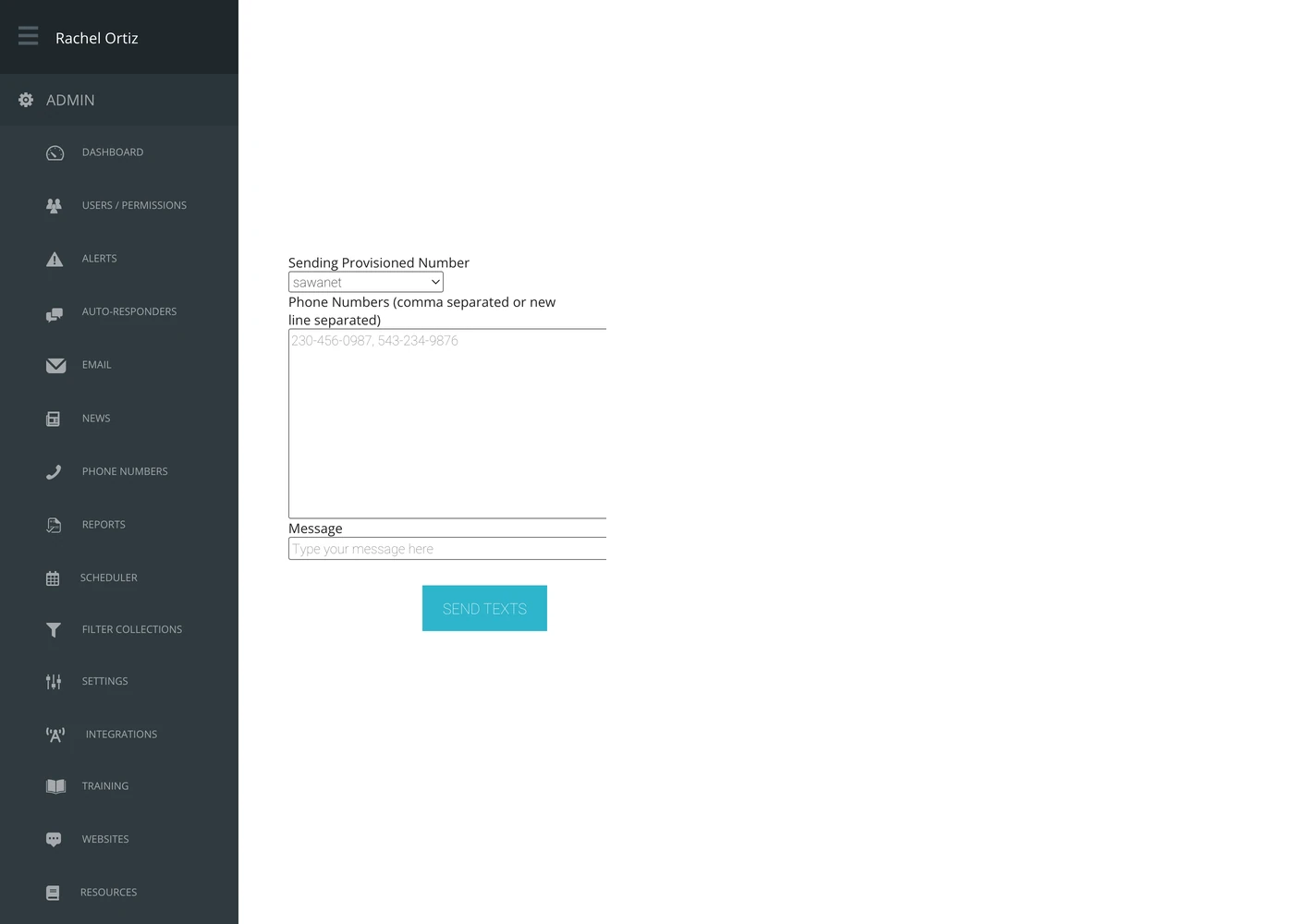 The SMS screen, with a sending number, a box for phone numbers and a message box.